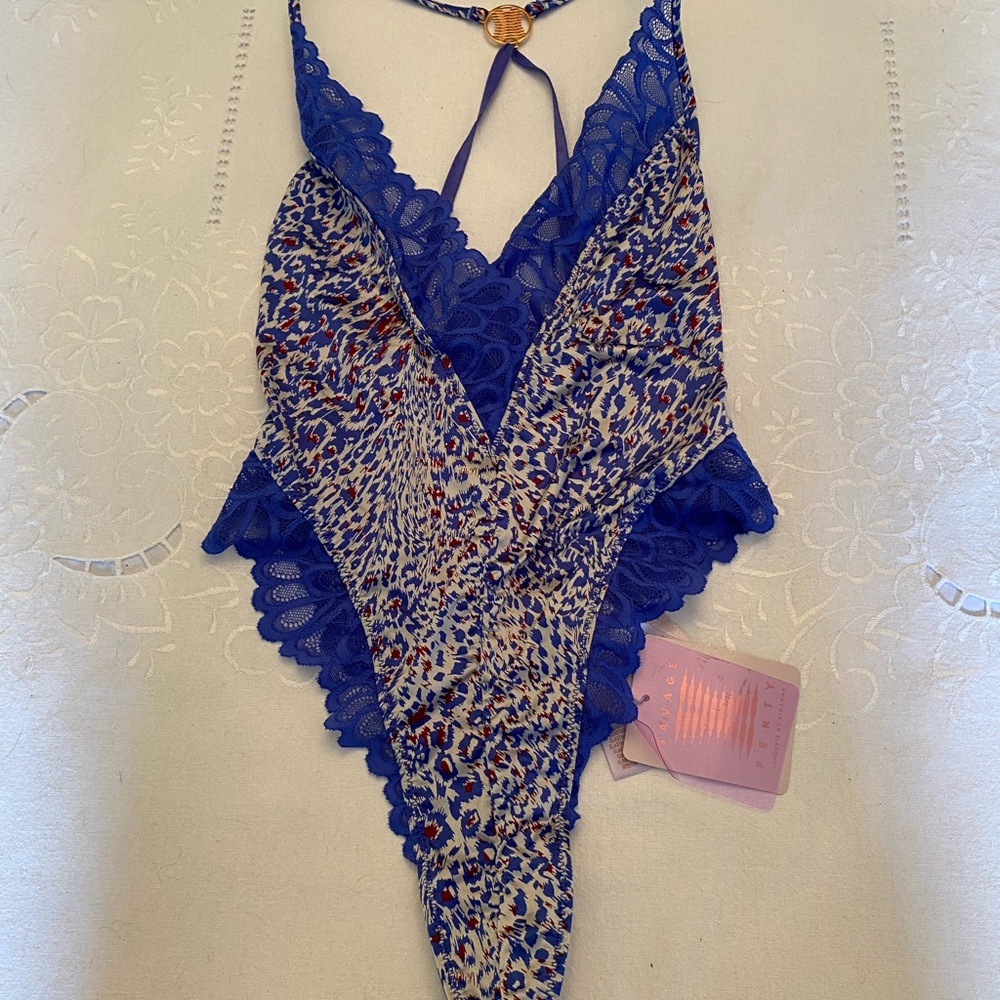 Savage X Fenty blue lace and leopard print teddy